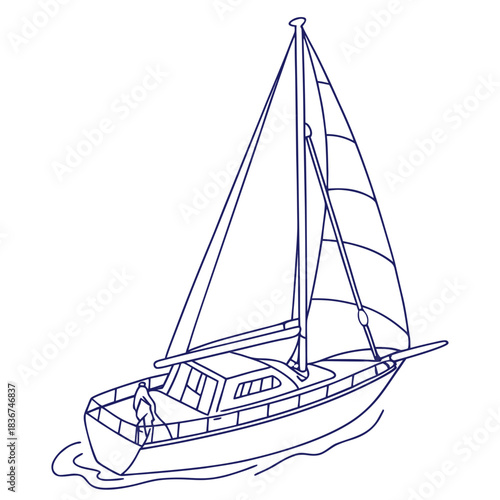 A simple line drawing of a sailboat with its sails up sailing on the water isolated on a white background