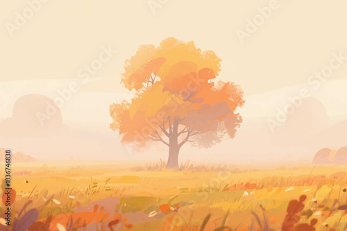 Solitary autumn tree with vibrant foliage in misty field, surrounded by warm grasses and distant hills.