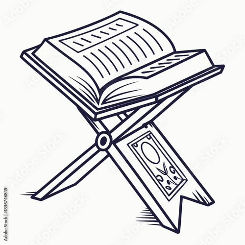 An open book resting on a wooden stand symbolizing knowledge and learning presented in a simple line art style