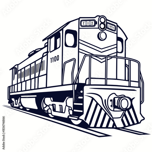 A striking black and white illustration of a powerful diesel locomotive engine on railway tracks ready for transport