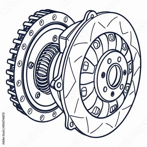 Detailed technical illustration of a car clutch assembly and brake disc system presented in a clean line art style for automotive engineering