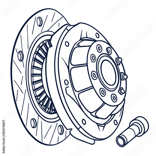 Detailed technical illustration of a high performance automotive brake disc rotor assembly with caliper mounting hardware