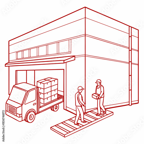 Warehouse delivery scene with workers loading boxes onto a truck and transferring packages at a loading dock