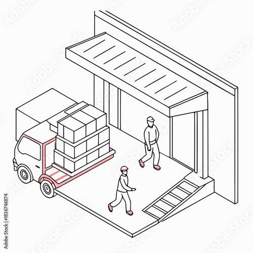 Isometric illustration of a delivery truck loaded with boxes at a warehouse loading dock with workers overseeing the operation