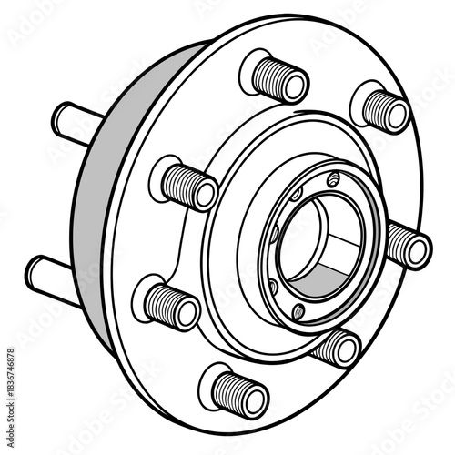 Detailed line drawing illustration of a vehicle wheel hub assembly with threaded studs and a bearing for automotive repair and maintenance concepts