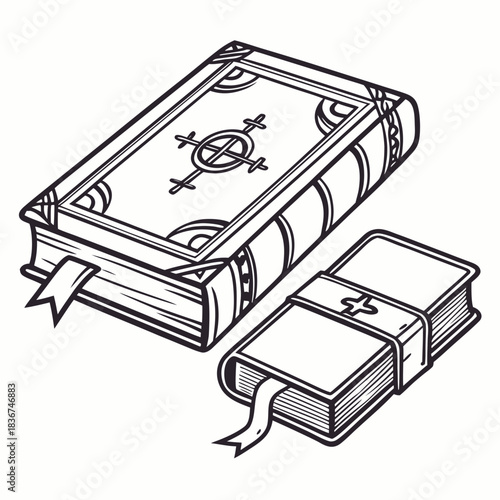 Two antique books with ornate covers and bookmarks one larger than the other presented in a clean line art style