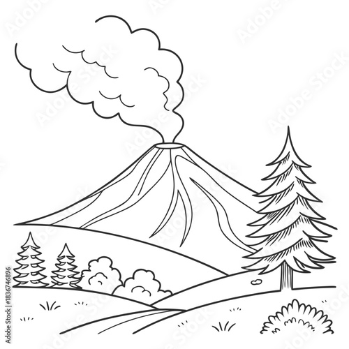 A hand drawn illustration of an active volcano erupting smoke and ash into the sky with trees and hills in the foreground