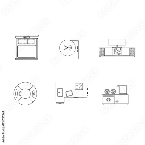 Smart home devices overhead plan view bed robot vacuum tv console kitchen pet feeder station for modern living illustrating smart tech