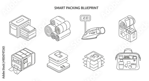 Smart packing blueprint illustration showing rolled and folded clothes and accessories ready for a trip useful for travel content and vacation planning guides.