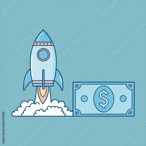 Dynamic concept illustration depicting a rocket launch symbolizing rapid business startup and financial growth alongside a dollar bill, representing investment and monetary success