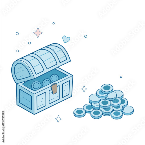 Graphic illustration of an open treasure chest brimming with blue coins, accompanied by a growing stack, symbolizing financial success, valuable rewards, and exciting wealth