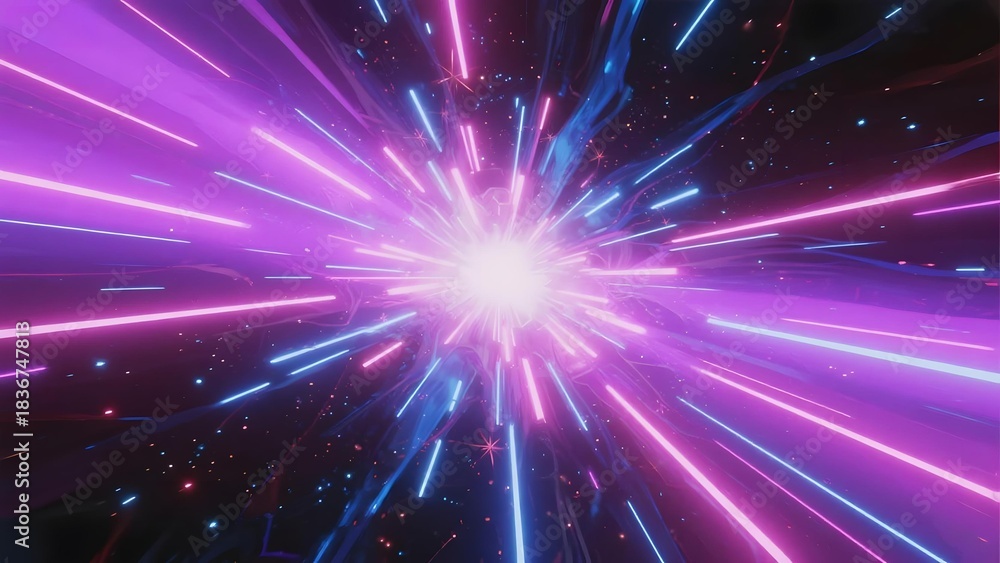 Fototapeta premium Vibrant cosmic burst with radiant purple and blue light streaks in a star-filled space background