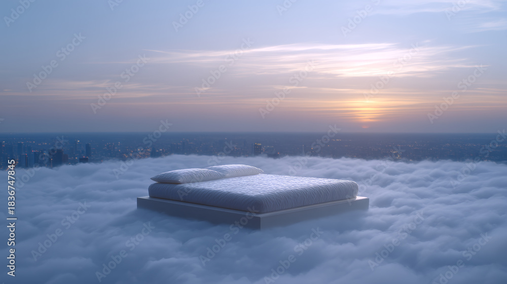 custom made wallpaper toronto digitalDreamy bed soft pillow white bedding floating mattress cloudscape sunrise sky city skyline serene dawn peaceful sleep surreal scene lead into tranquil fantasy of comfort and calm above urban