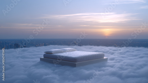 Wallpaper Mural Dreamy bed soft pillow white bedding floating mattress cloudscape sunrise sky city skyline serene dawn peaceful sleep surreal scene lead into tranquil fantasy of comfort and calm above urban Torontodigital.ca