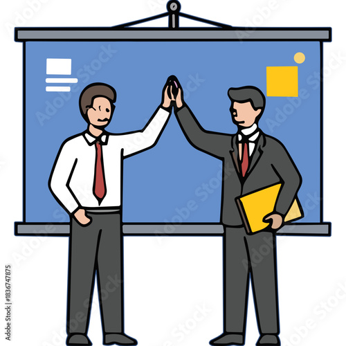 Two businessmen in formal attire high-fiving in front of a presentation board with blue background and yellow graphics celebrating success and teamwork in a professional setting