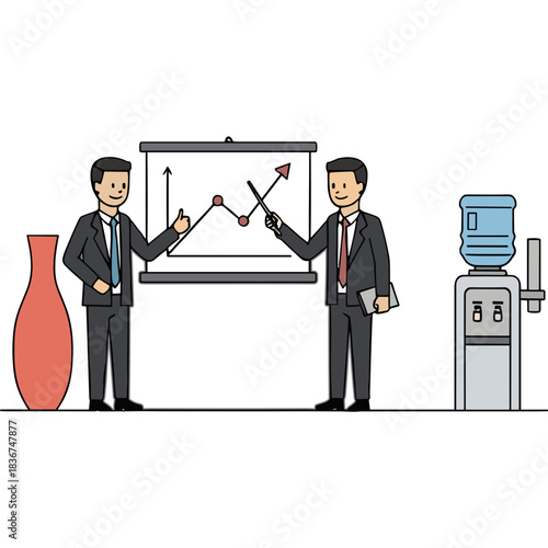 Two businessmen in dark suits present a rising graph on a whiteboard in an office setting with a water cooler and vase in the background, pixel art style