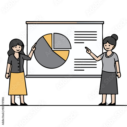 Two Businesswomen Collaborating on a Pie Chart Presentation Indicating Financial Data and Textual Information on a Whiteboard During a Meeting Session in a Brightly Lit Room