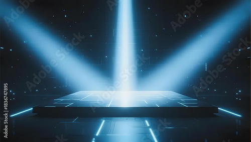 Futuristic stage illuminated by blue spotlights with a glowing grid platform under a starry dark sky