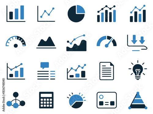 A collection of blue-themed infographic icons featuring graphs, charts, and data visualization elements.