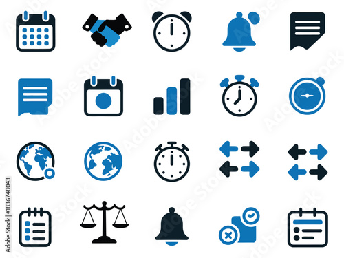 A collection of icons representing time management and organization in various styles.