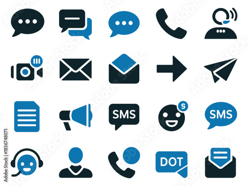 A collection of communication icons, including messages, calls, and emails in blue tones.