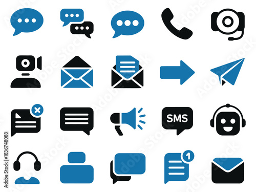 A collection of communication icons in various styles, featuring messages and devices.