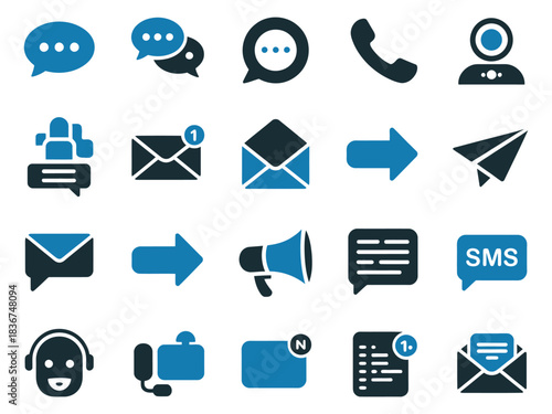 Communication icons including chat, email, SMS, and voice in modern design with blue tones.