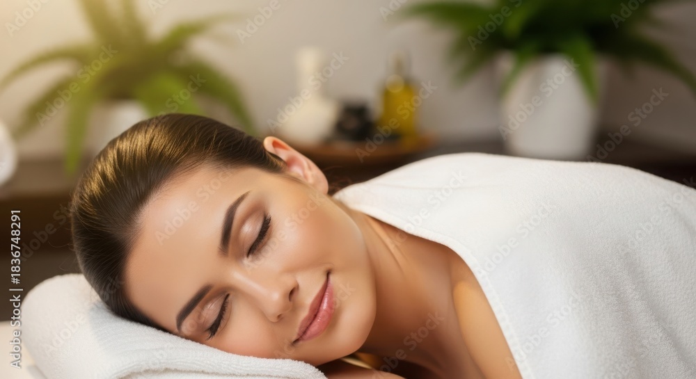 Obraz premium Peaceful woman relaxing on massage table enjoying serene spa wellness experience illustration