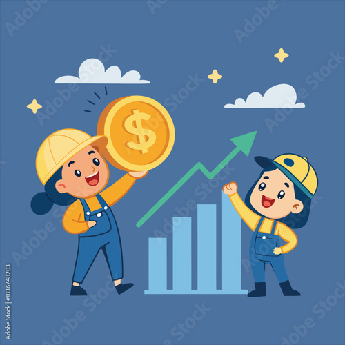 Optimistic young financial planners joyfully illustrate achieving robust economic growth and investment prosperity, demonstrating smart wealth creation strategies with a positive outlook