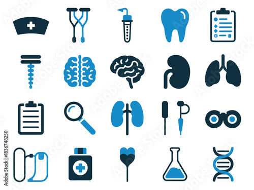 A collection of healthcare and medical icons in blue and dark colors, representing various fields.