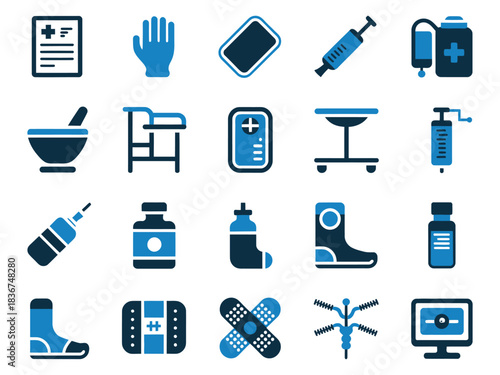 Medical icons collection featuring various healthcare symbols in blue tones.