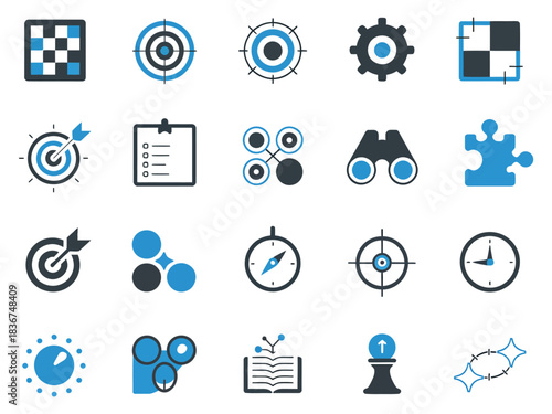 A collection of various icons featuring targets, gears, and compasses in blue tones.