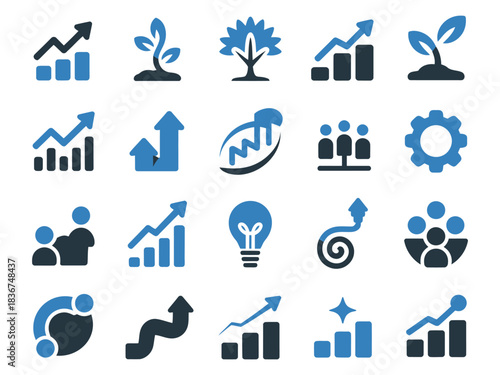 Various growth and progress icons in blue tones, depicting business, nature, and teamwork themes.