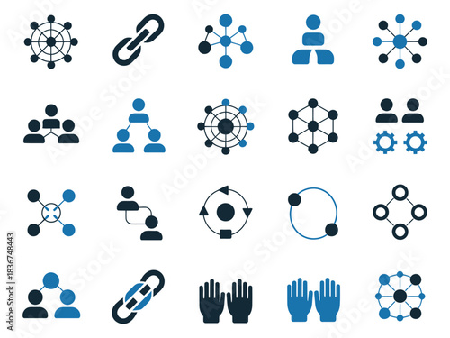 Set of diverse connection and collaboration icons illustrating teamwork and networking concepts.