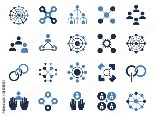 Illustration of various network and connection symbols in blue tones.