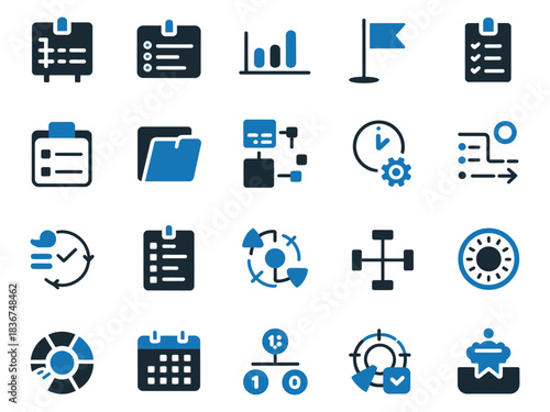 A collection of blue and black icons representing tasks, charts, and organizational tools.