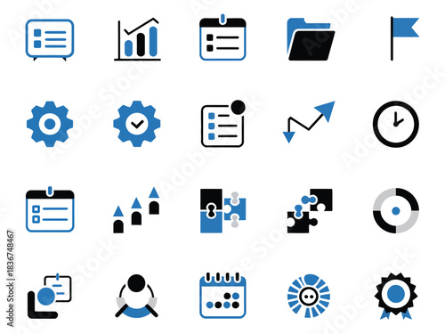 An array of diverse icons depicting productivity, growth, and organization in blue and black.