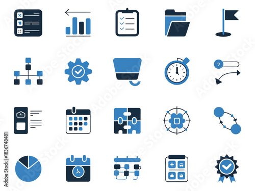 A collection of blue and black icons representing project management and organization.