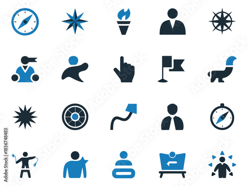 A collection of blue-themed icons representing leadership, direction, and teamwork.
