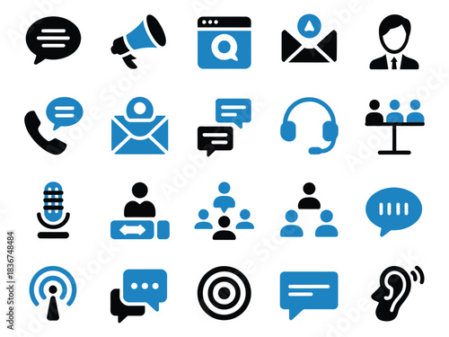 A collection of communication icons in blue and black, representing various methods of interaction.