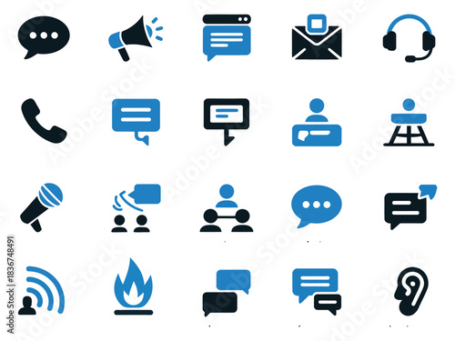 Variety of communication icons in blue and black, showcasing different ways to connect.