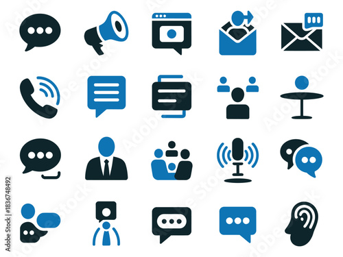 Communication icons in blue and black, representing various messaging and interaction methods.