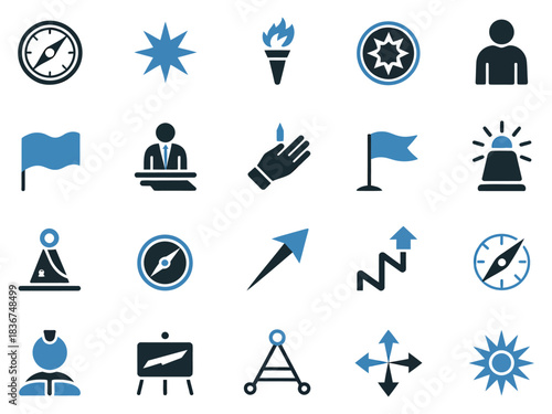 A collection of diverse icons representing guidance, achievement, and leadership concepts in various styles.