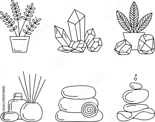 Hand drawn spa and wellness icons with plants and crystals