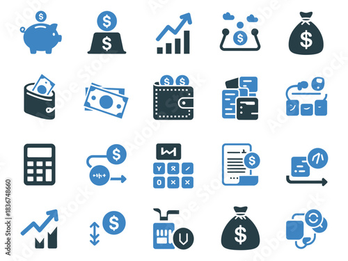 A collection of financial icons depicting savings, budgeting, and investment concepts.