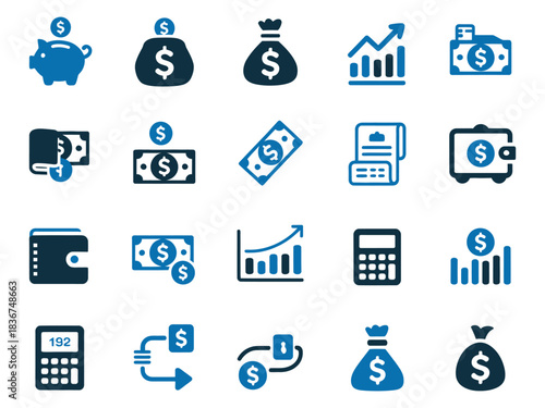 A collection of blue and green icons representing finance, savings, and investments.