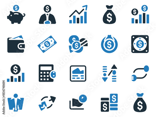 Various financial icons representing savings, investment, and budgeting strategies.