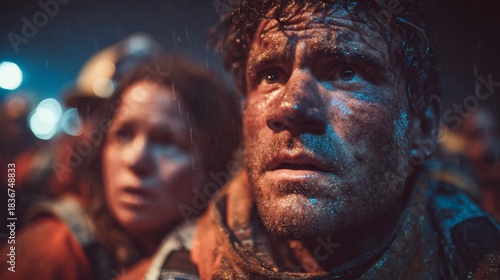 Determined firefighters covered in soot and sweat face danger, their faces etched with grit and unwavering resolve during a chaotic emergency situation.