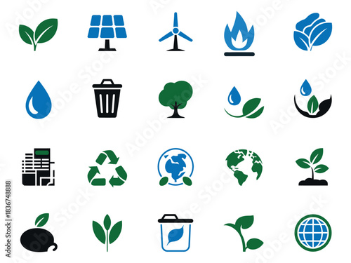 Various eco-friendly icons representing renewable energy and sustainability.