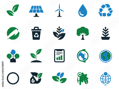 A collection of eco-friendly icons featuring leaves, recycling, and renewable energy symbols.
